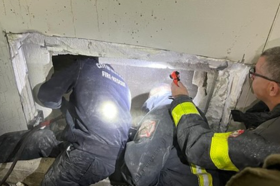 When the hole in the wall was big enough, emergency services reached for the trapped dog.