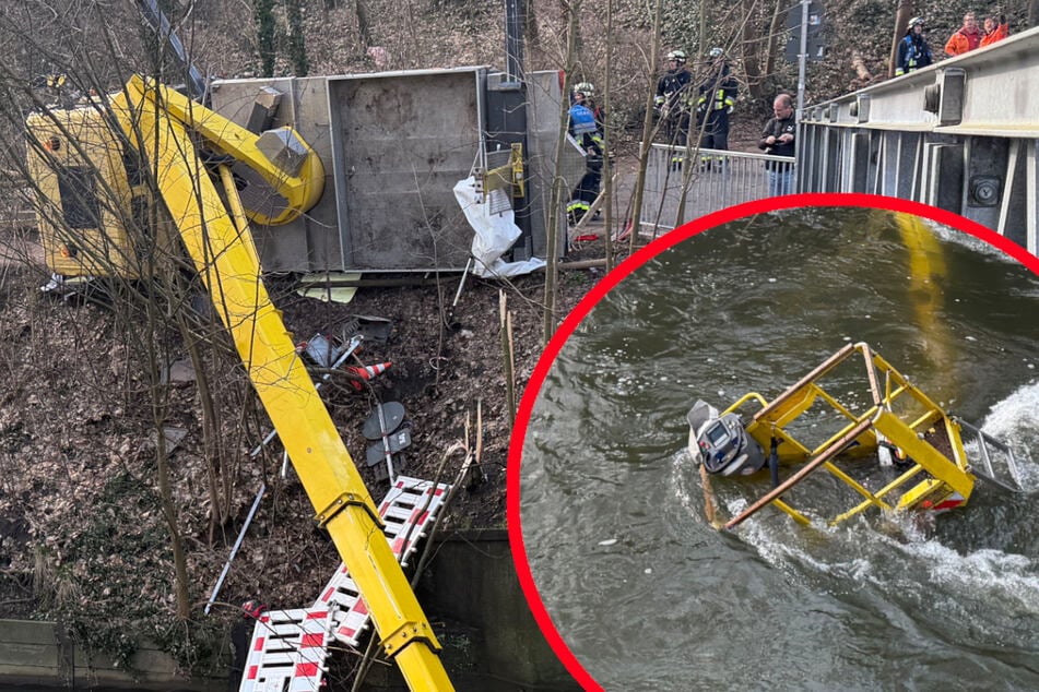 Lkw mit Hebebühne kippt um: Arbeiter in Fluss geschleudert und schwer verletzt