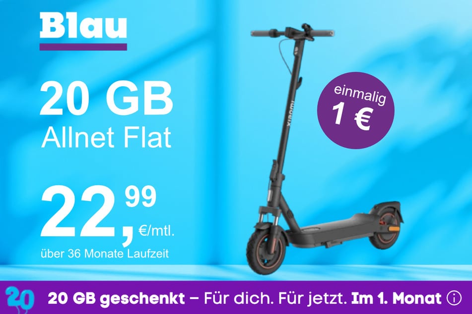 Der Xiaomi E-Scooter 5 Max im Blau Allnet M für einmalig 1 Euro.