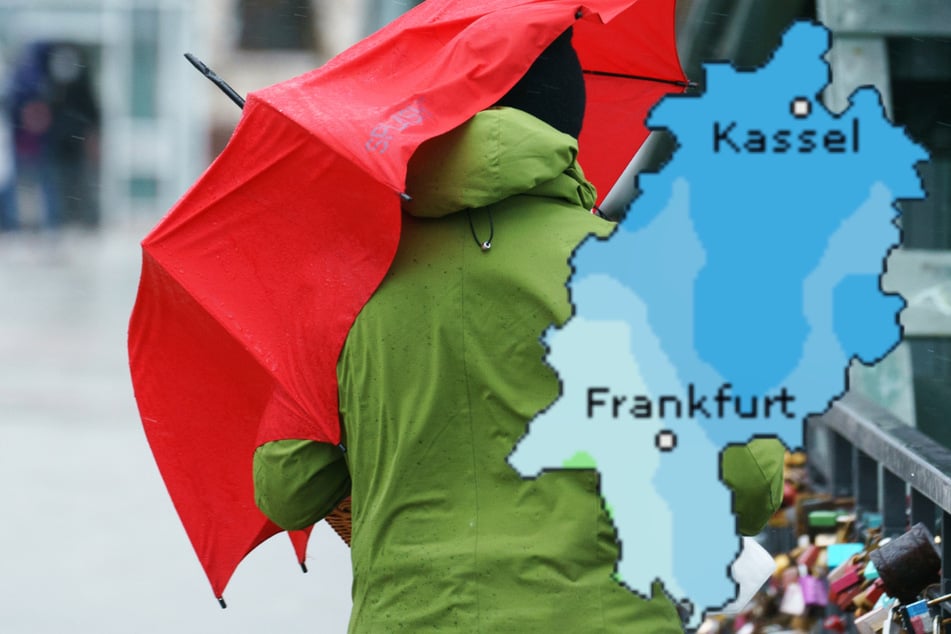 Ein Mann mit Regenschirm auf dem "Eisernen Steg" in Frankfurt am Main - auch der Dienst Wetteronline.de (Grafik) sagt für den heutigen Montag ein erhöhtes Niederschlagsrisiko für weite Teile von Hessen voraus.