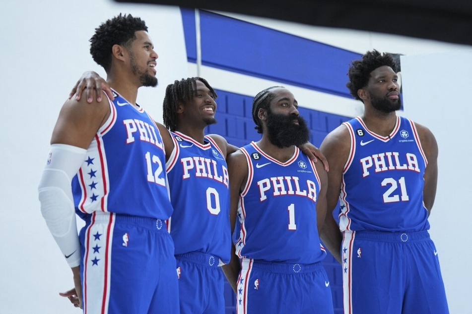From l. to r.: Tobias Harris, Tyrese Maxey, James Harden, and Joel Embiid of the Philadelphia 76ers pose for a picture during media day on September 26, 2022.