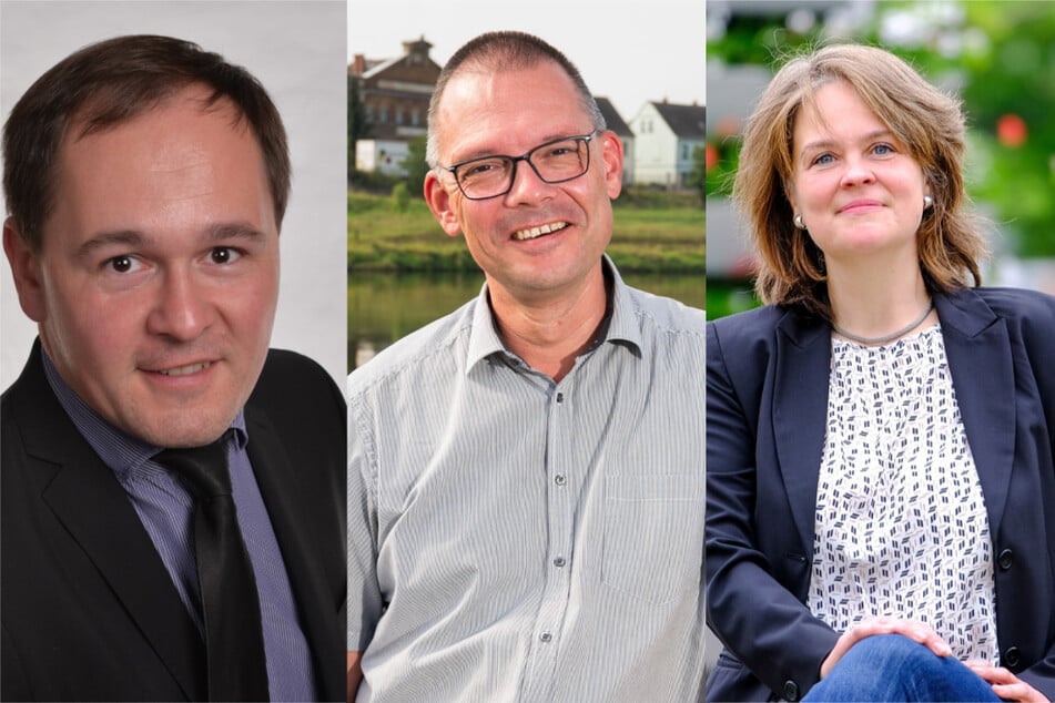 Diese drei Kandidaten stehen am Sonntag zur Wahl: Thomas Kirste (43, AfD, v.l.n.r.), Ralf Hänsel (50, parteilos) und Elke Siebert (48, Grüne).
