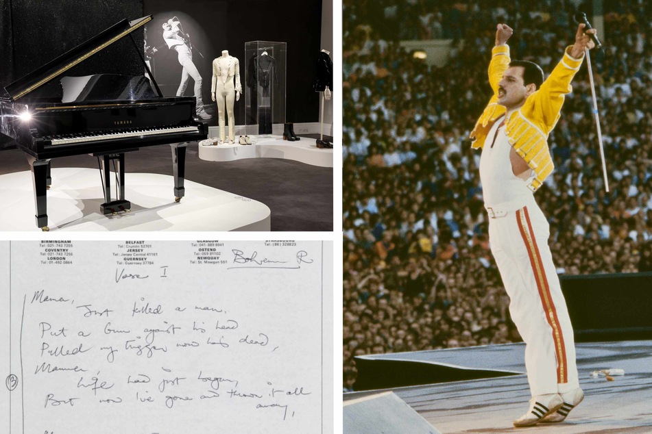 The top two items sold in Freddie Mercury: A World of His Own by Sotheby's auction house were the singer's baby grand piano (top l.) and handwritten Bohemian Rhapsody lyrics (bottom l.), both fetching over $1 million.
