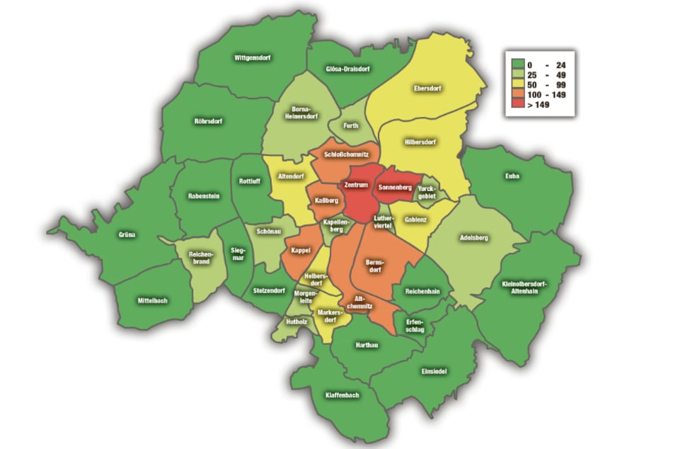 Diese Karte zeigt die Anzahl der Rohheitsdelikte und Straftaten in den Stadtteilen von Chemnitz 2022.