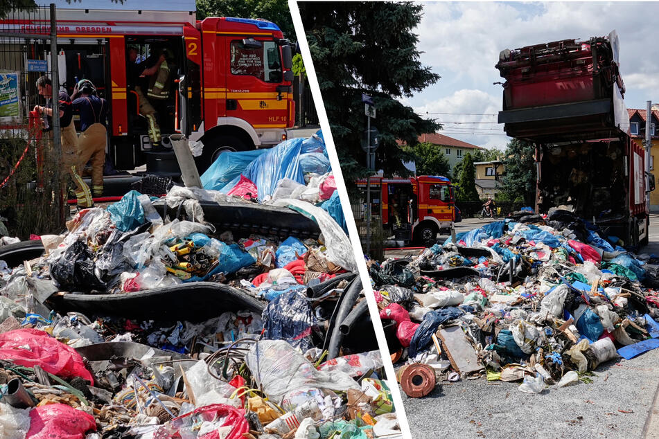 Dresden: Brand im Müllauto: Feuerwehr löscht riesigen Abfallberg in Dresden!