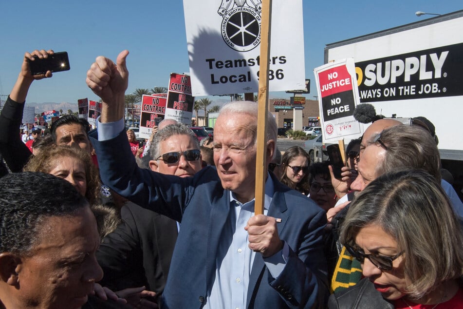 President Biden (c.) joined the Culinary Union's picket line in 2020 amid a fight for new contracts.