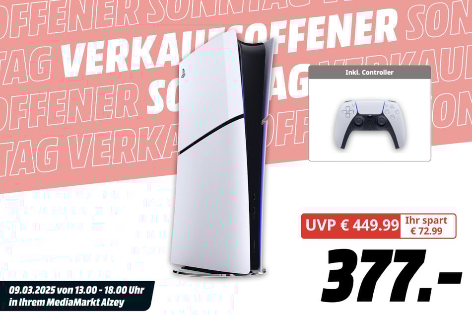 Sony PlayStation 5 Slim für 377 statt 449,99 Euro.