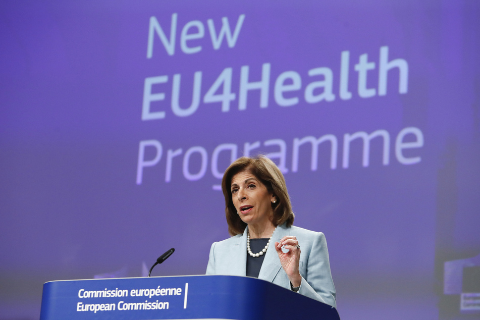 Stella Kyriakides, EU-Kommissarin für Gesundheit, spricht während einer Video-Pressekonferenz im EU-Hauptquartier.