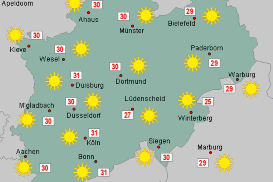 Am Sonntag steigen die Werte in NRW vielerorts wieder auf über 30 Grad.
