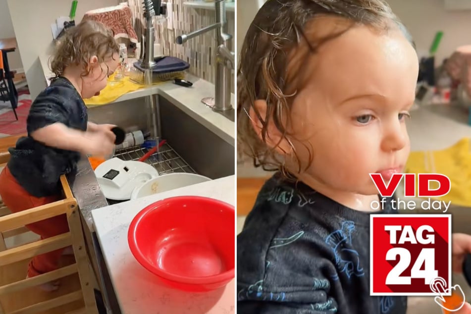 This toddler "helped" with the dishes for 20 minutes - and somehow ended up soaking wet.