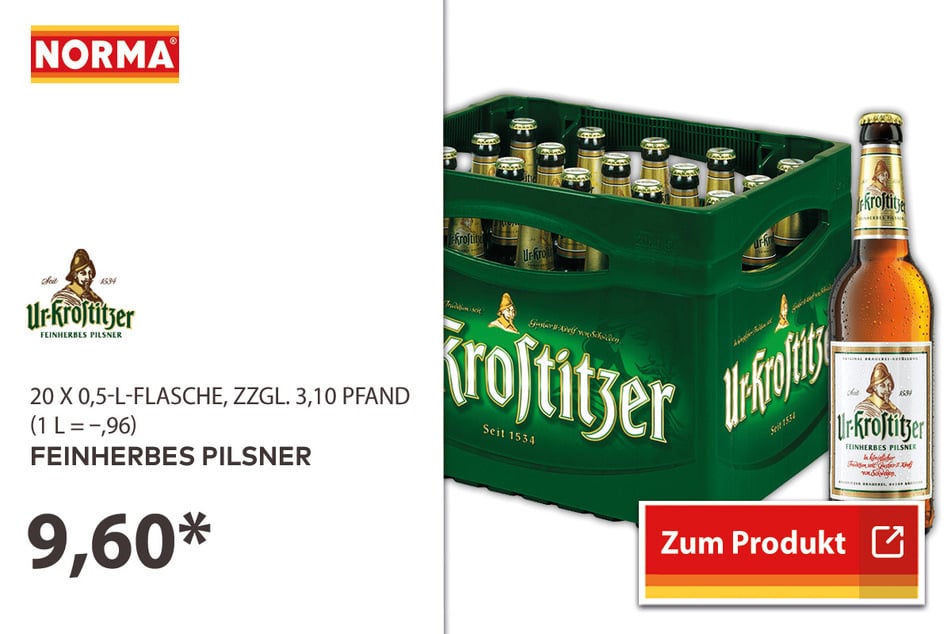 Ur Krostitzer Feinherbes Pilsner für 9,60 Euro.