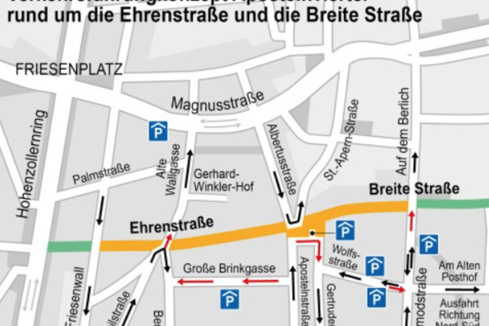 Rund um die gelb markierte Ehrenstraße wird der Autoverkehr neu umgeleitet.