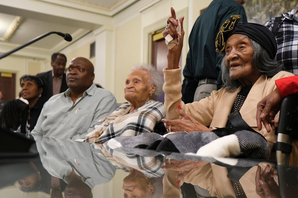 Viola Ford Fletcher (c.) and Lessie Benningfield Randle (r.) are introduced during a House General Government Committee meeting at the Oklahoma Capitol on October 5, 2023.