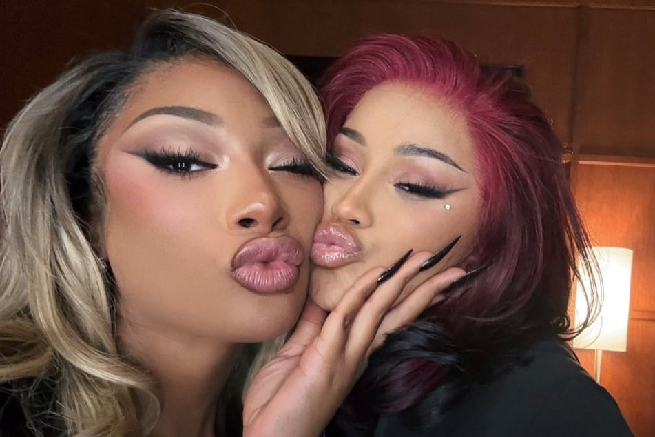 Cardi B and Megan Thee Stallion (l.) posed backstage after the Sweetest Pie hitmaker made a surprise appearance at Cardi's Little Miss Drama tour.
