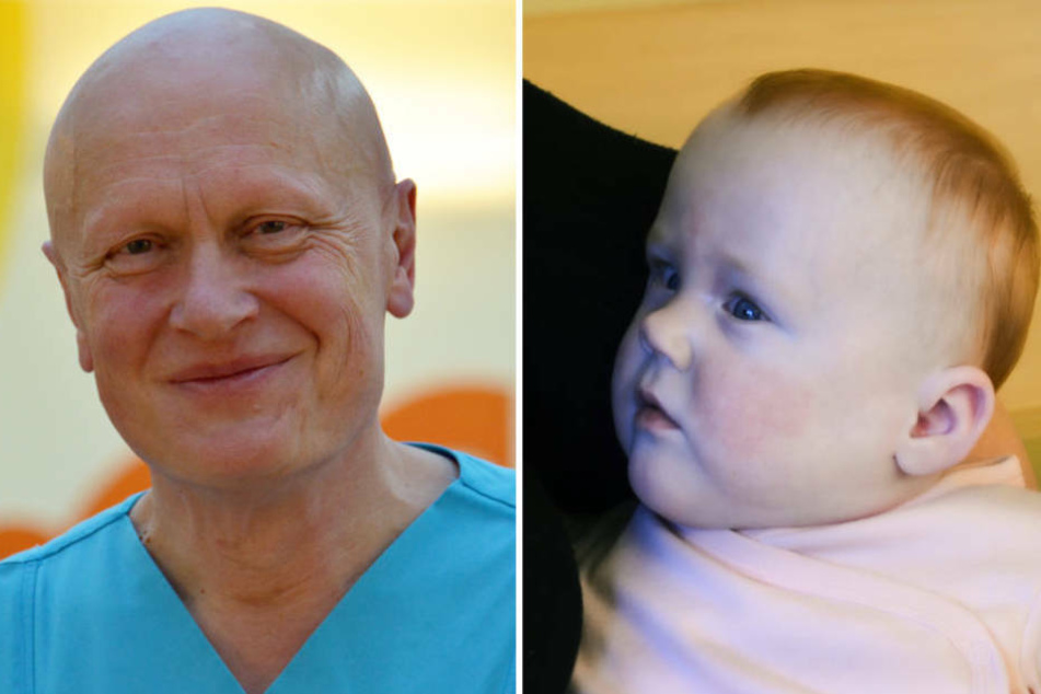 Reinald Repp, der Leiter der Fuldaer Kinderklinik (li.) und die kleine Melina im April 2020.