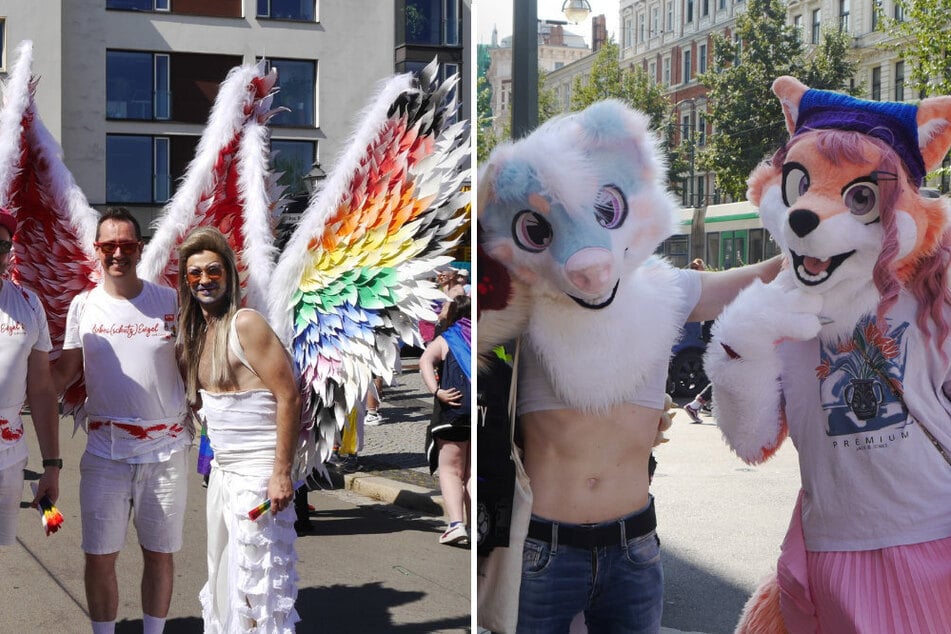 Neben bunten Engeln waren auch Mitglieder aus der Furry-Gemeinschaft unterwegs: Jakob aus Weimar (2. v. r.) und Christopher aus Magdeburg (rechts) haben bisher keine diskriminierenden Erfahrungen auf einem CSD erlebt.