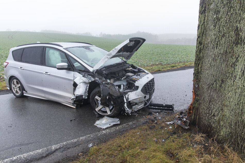 Der Ford knallte frontal gegen den Baum. Der Fahrer wurde dabei verletzt.