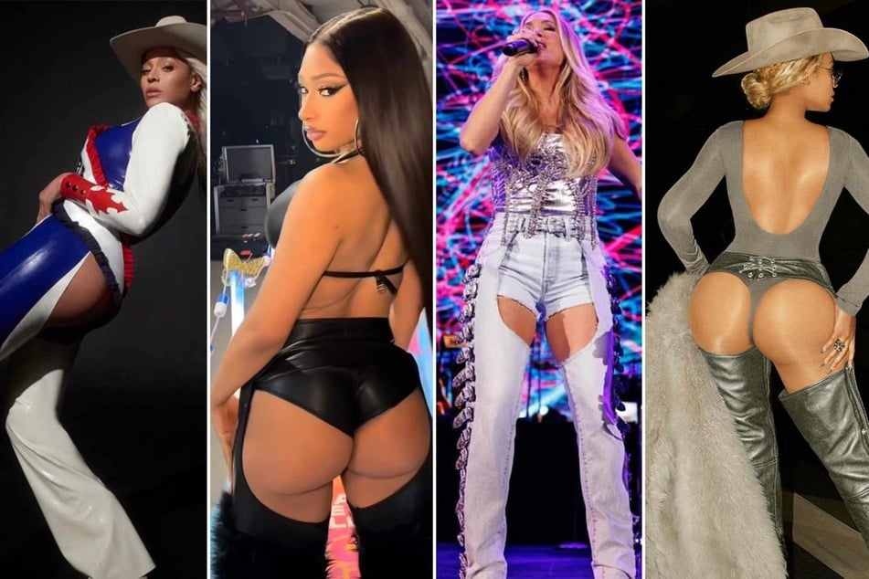 Beyoncé's (far l., far r.) backless chaps trend has piqued the interest of other celebs like Megan Thee Stallion (center l.) and Carrie Underwood (center r.), who were both seen wearing the daring style recently.