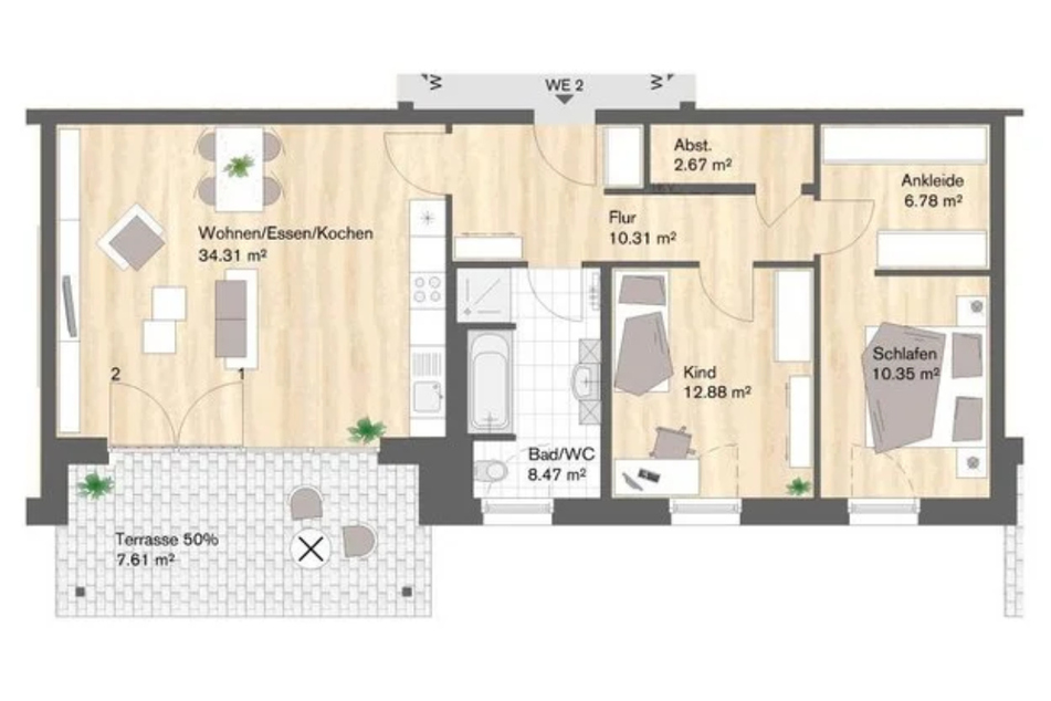Wohneinheit 2: 3-Raum-Wohnung mit ca. 94 m² Wohnfläche