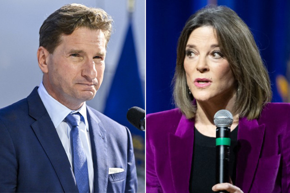 Democratic presidential primary candidates Dean Phillips (l.) and Marianne Williamson are scheduled to debate in New Hampshire on January 8, 2024.