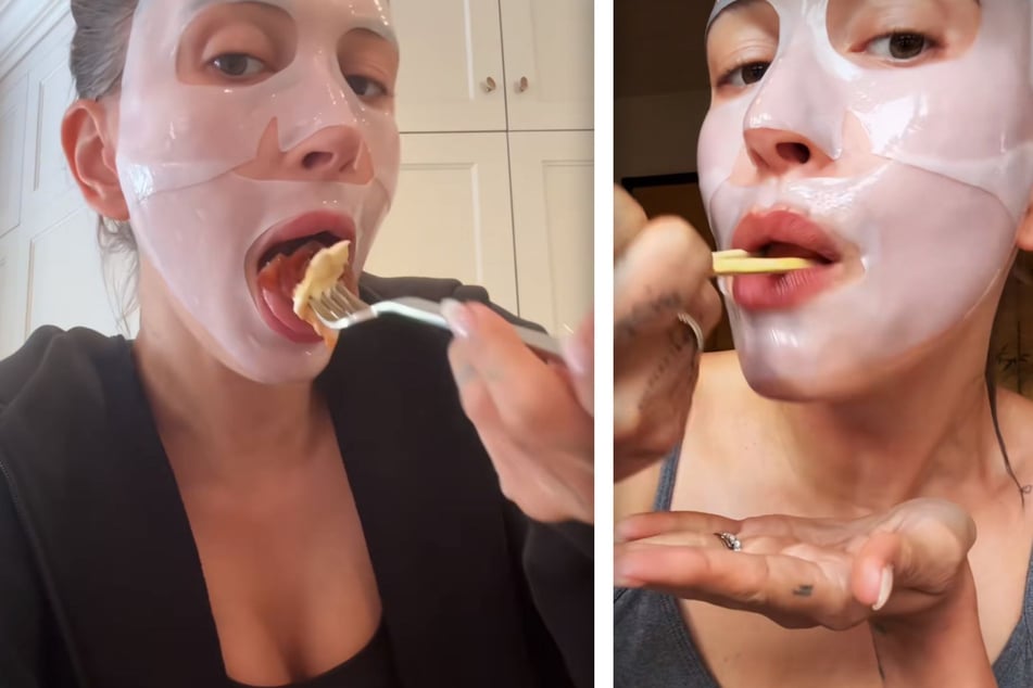 Hailey Bieber sorgte mit ihrem Beauty-Trend, beim Essen eine Tuchmaske zu tragen, für Aufruhr.