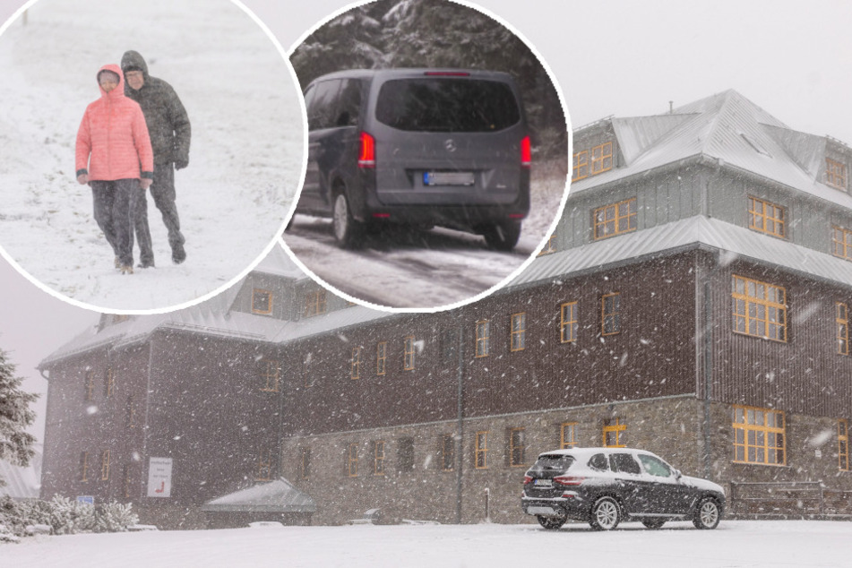 Dichter Schneefall und glatte Straßen im Erzgebirge, Autos bleiben stecken