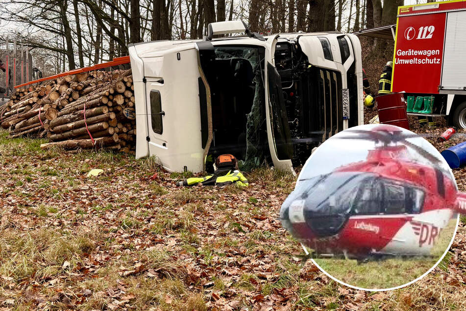 Heli-Einsatz nach Lkw-Unfall in der Sächsischen Schweiz: 40-Tonner kippt um