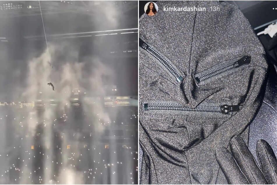 Kim Kardashian shared clips of DONDA's second listening event, including a clip of Kanye West being pulled toward the ceiling and her all-black Balenciaga outfit.