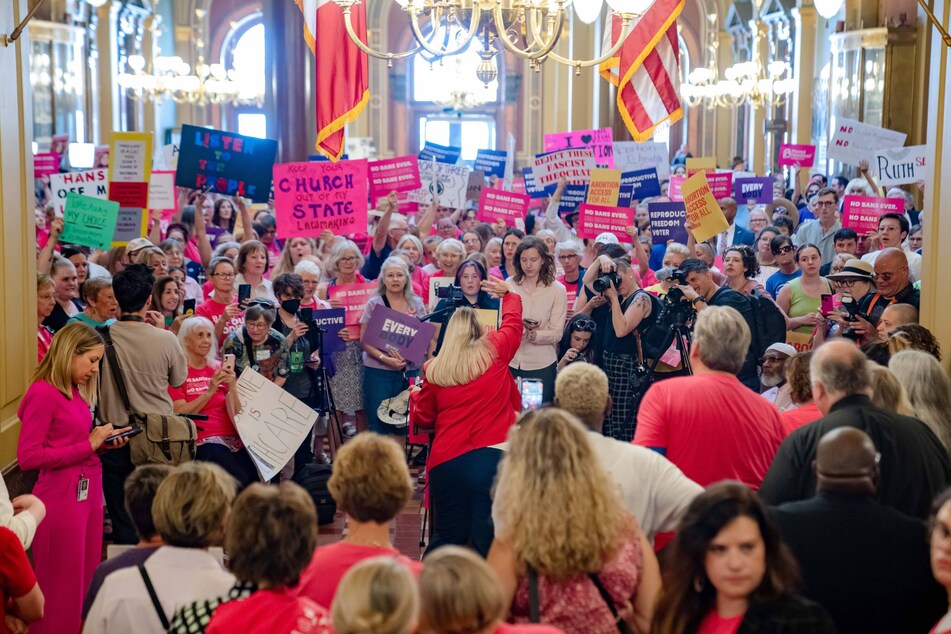 Protestors held a rally for reproductive rights in the Iowa State Capitol rotunda as the Iowa Legislature convened for a special session.