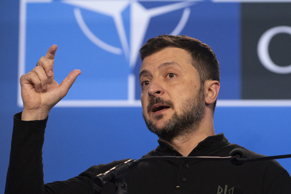 Ukraine's President Volodymyr Zelensky (pictured) speaks during a press conference with NATO Secretary General Jens Stoltenberg on the sidelines of the NATO Summit at the Walter E. Washington Convention Center in Washington, DC, on Thursday.