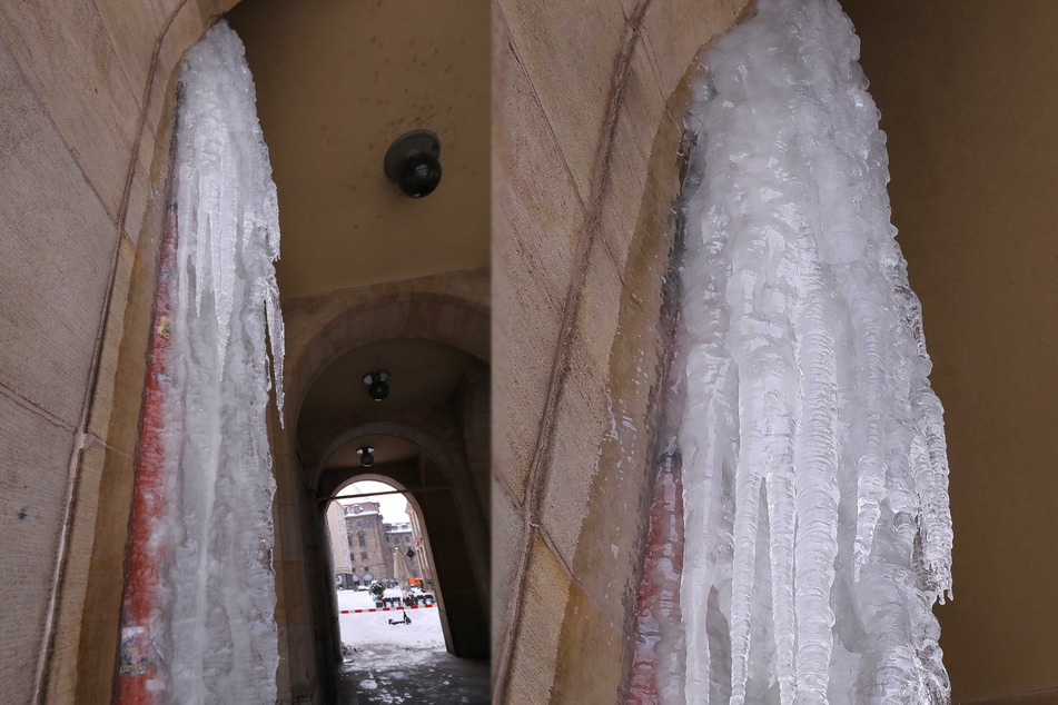 Diese faszinierenden Eiszapfen sorgten am Freitag für eine Sperrung an der Weißen Gasse.
