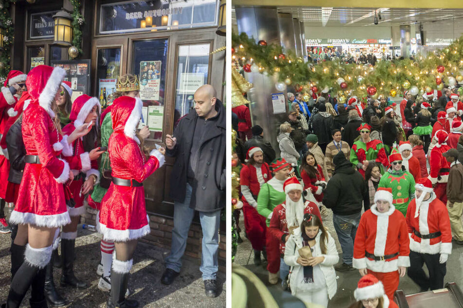 SantaCon participants have overwhelmed bars (l.) and public transportation stations (r.) during the annual festivities.
