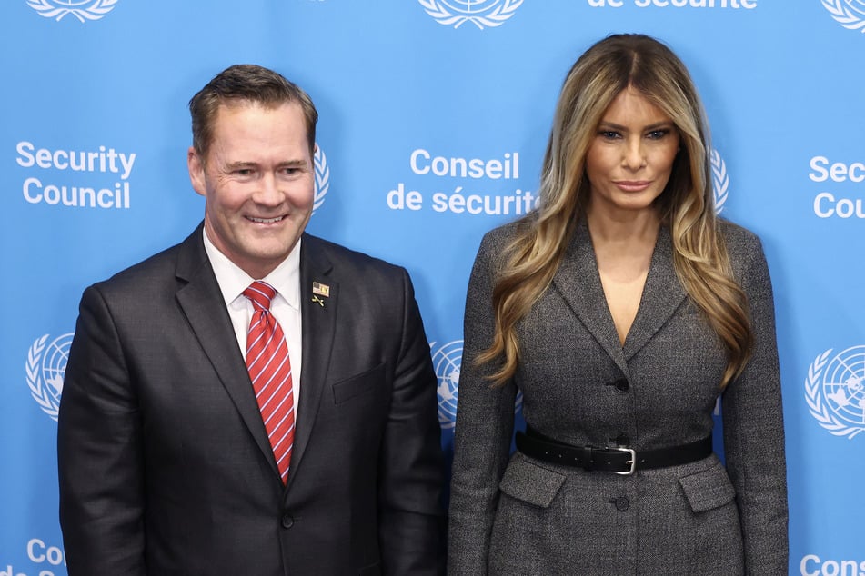 Ambassador to the United Nations Mike Waltz and First Lady Melania Trump pose for photos before a meeting of the UN Security Council in New York City on March 2, 2026.