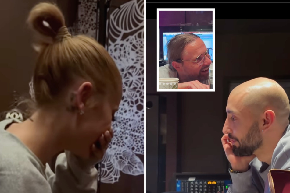 Ariana Grande jokes around with producers Max Martin and Ilya Salmanzadeh in the studio. (from l. to r.)