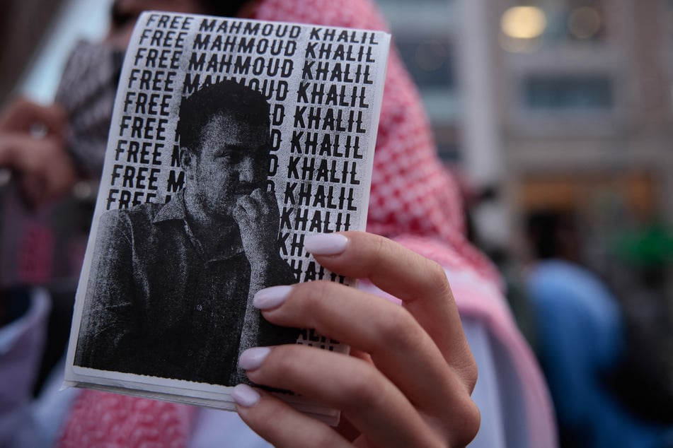 A demonstrator holds a "Free Mahmoud Khalil" sign on the 77th anniversary of the Nakba in New York City's Union Square Park on May 15, 2025.
