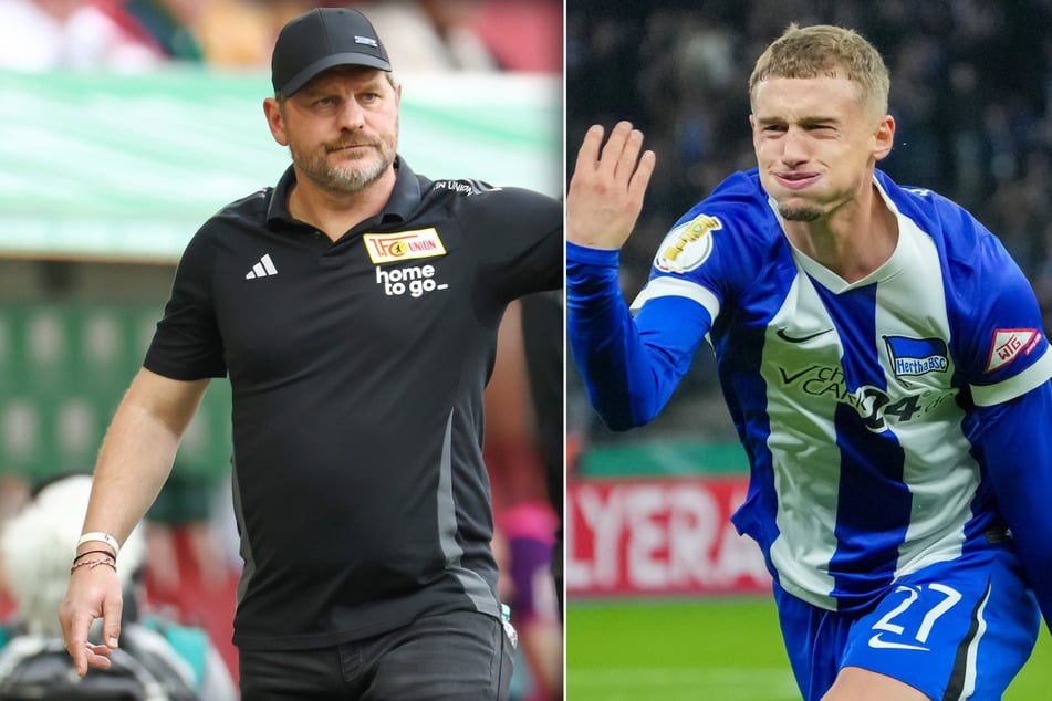 Für Herthas Michaël Cuisance (25, r.) war vergangene Pokalrunde im Achtelfinale Schluss, Union-Coach Steffen Baumgart läutet die Saison beim Regionalligisten ein.