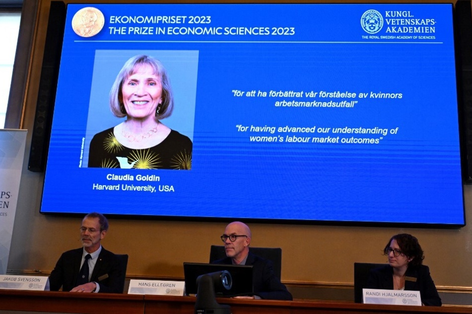 Claudia Goldin is announced as the winner of the 2023 Nobel Prize in Economics at the Royal Swedish Academy of Sciences in Stockholm.