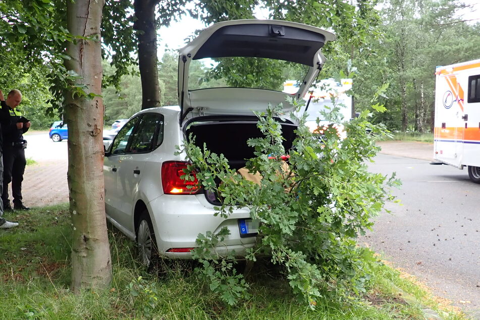 Das Auto krachte auf dem Parkplatz in einen Baum.