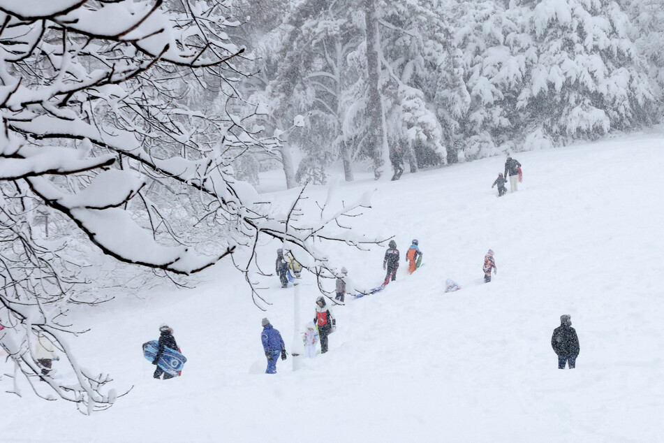 Children sled on Cedar Hill in Central Park in New York on Monday during a snow storm.