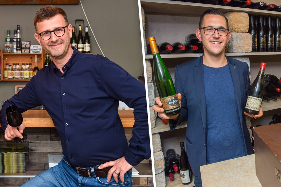 Jens Pietzonka (51, l.) lädt zum Wein-Battle in die Weinzentrale. Sein "Gegner": Sommelier Claudius Unger (34, r.) aus dem "Blauen Engel" in Aue.