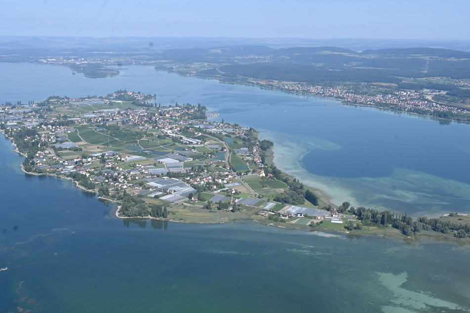 Luftaufnahme von der Insel Reichenau im Bodensee.