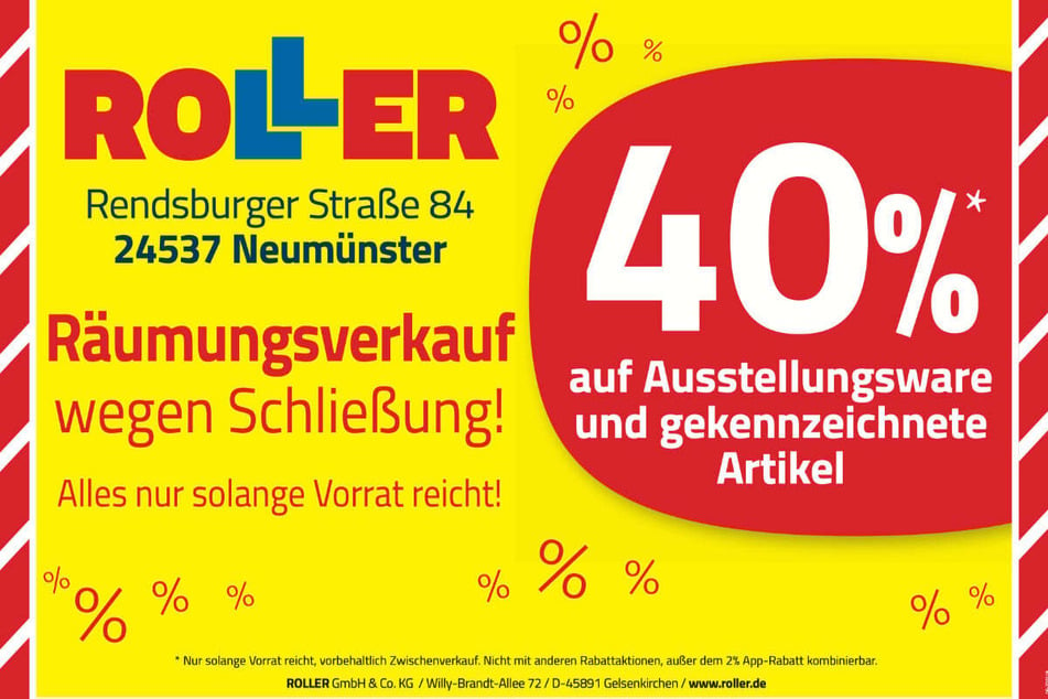 Während des Räumungsverkaufs bei ROLLER in Neumünster warten jetzt 40 Prozent Rabatt¹ beim Möbelkauf.