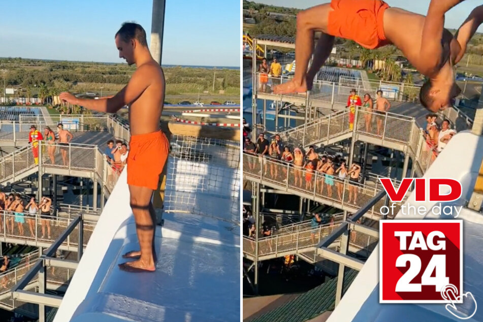 Today's Viral Video of the Day features a courageous man flipping off a towering slide at a waterpark in France!