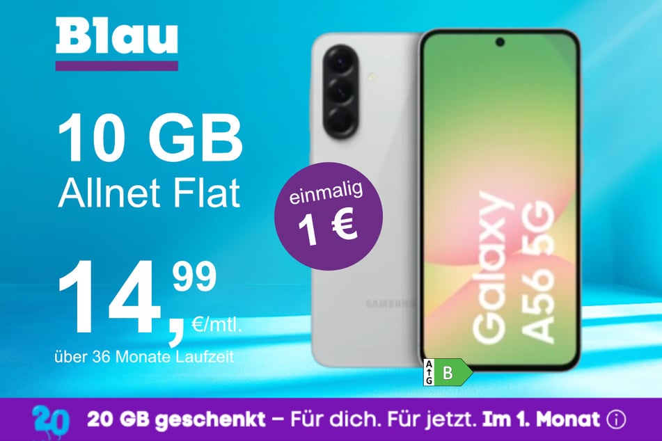 Das Samsung Galaxy A56 5G im Blau Allnet S für einmalig 1 Euro.