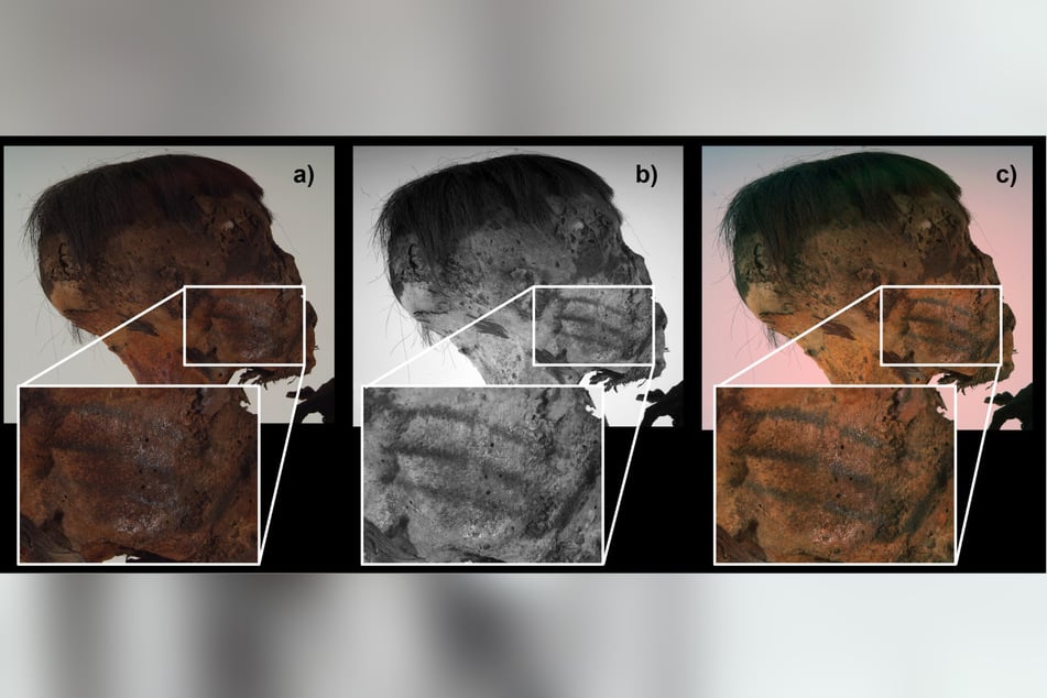 Die Forscher konnten die Tätowierungen mittels multispektraler Fotoanalyse sichtbar machen. Auf der rechten Wange sind drei Linien gut zu erkennen.