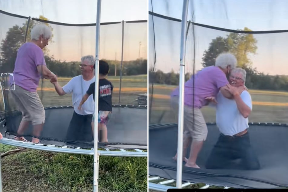 Zum Anfang betritt die 84-Jährige erst noch zögerlich das Trampolin.