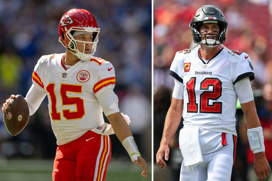 Kansas City Chiefs QB Patrick Mahomes (l.) said he hopes to play as long and as well as Tampa Bay Buccaneers QB Tom Brady.