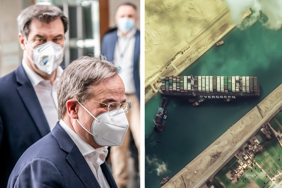 Markus Söder (54, CSU, l.) und Armin Laschet (60, CDU) werden im Leben wohl keine Freunde mehr. Rechtes Bild: Die "Ever Given" blockiert den Suez-Kanal.