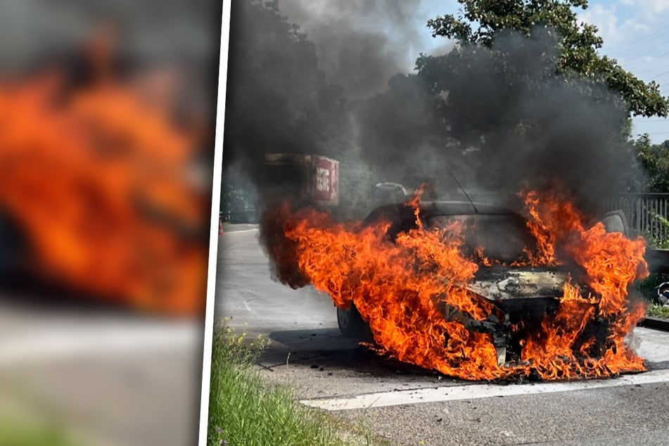 Feuer-Schock auf Autobahn-Ausfahrt: Wagen geht in Flammen auf