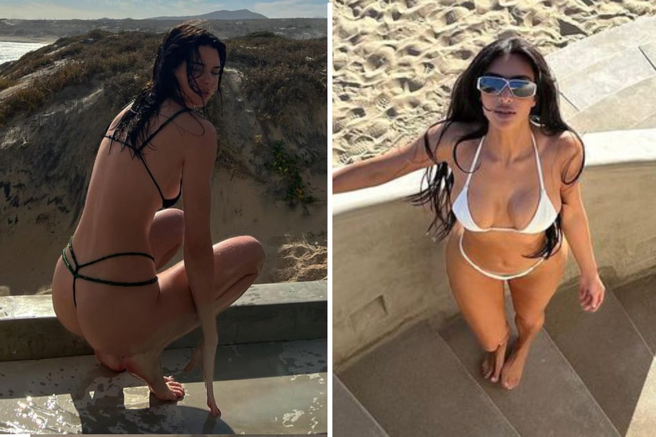 Kim Kardashian (r.) took a cheeky swipe at her sister Kendall Jenner's "long hands" called out in a bikini photo (l.), and credited her with taking her new beach photos.